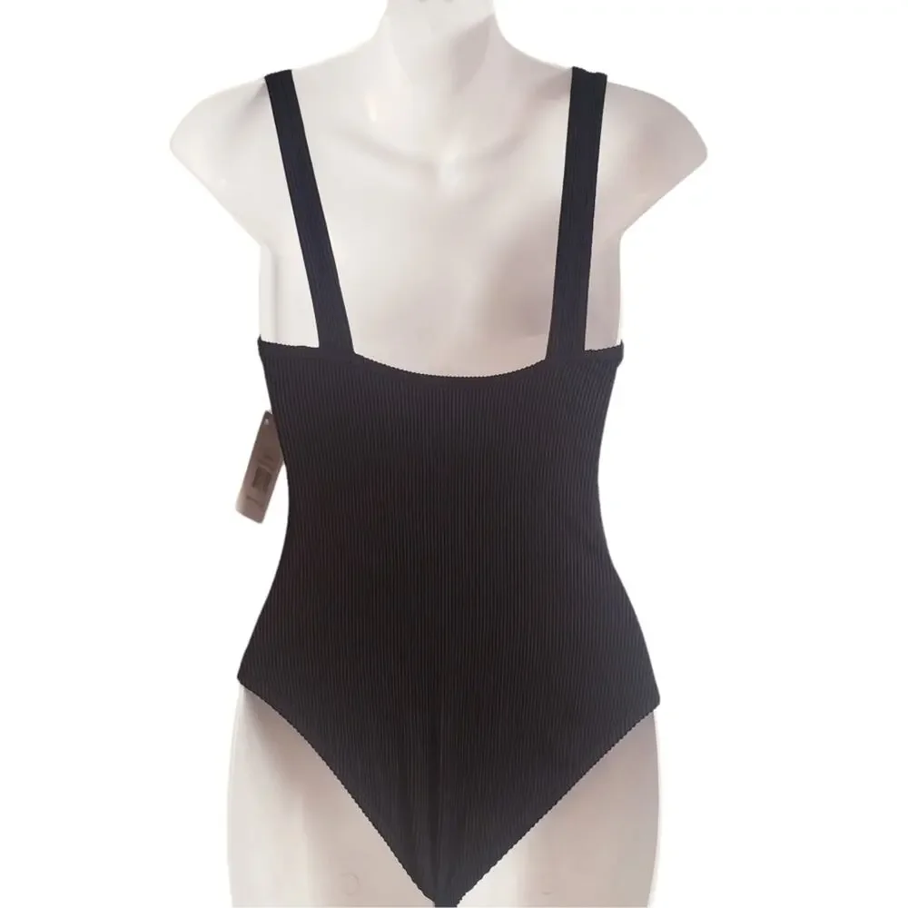 NWT Kensie Black Ribbed One‎ Peice Monokini Swimsuit Size Small Padded Lace Up